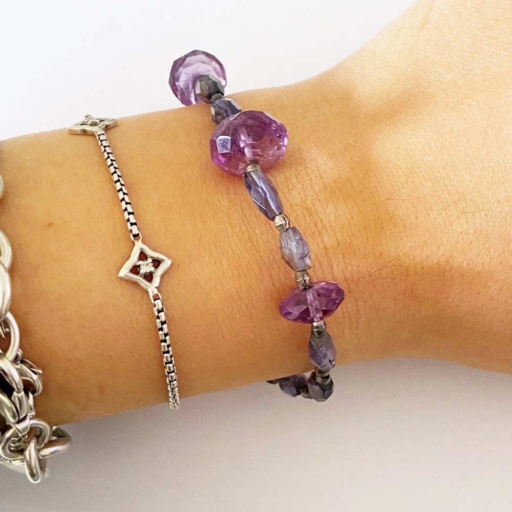 Vintage 925 silver amethyst and gem stone beaded bracelet 7.5”